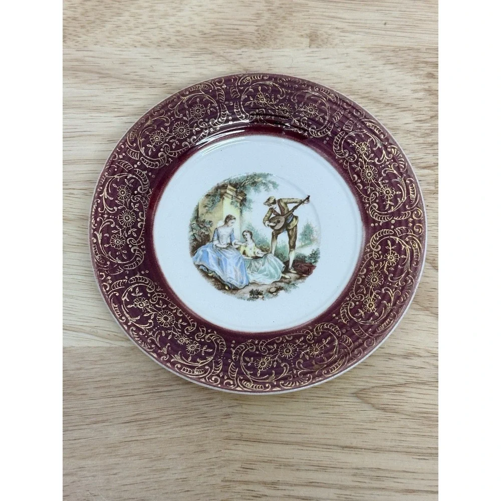 Vintage Sebring Pottery Serenade Cup‎ and Saucer Burgundy USA 22k Gold Set #68